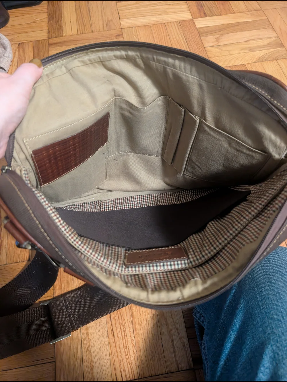 Boconi Dark Brown Leather Messenger Bag with Black Strap